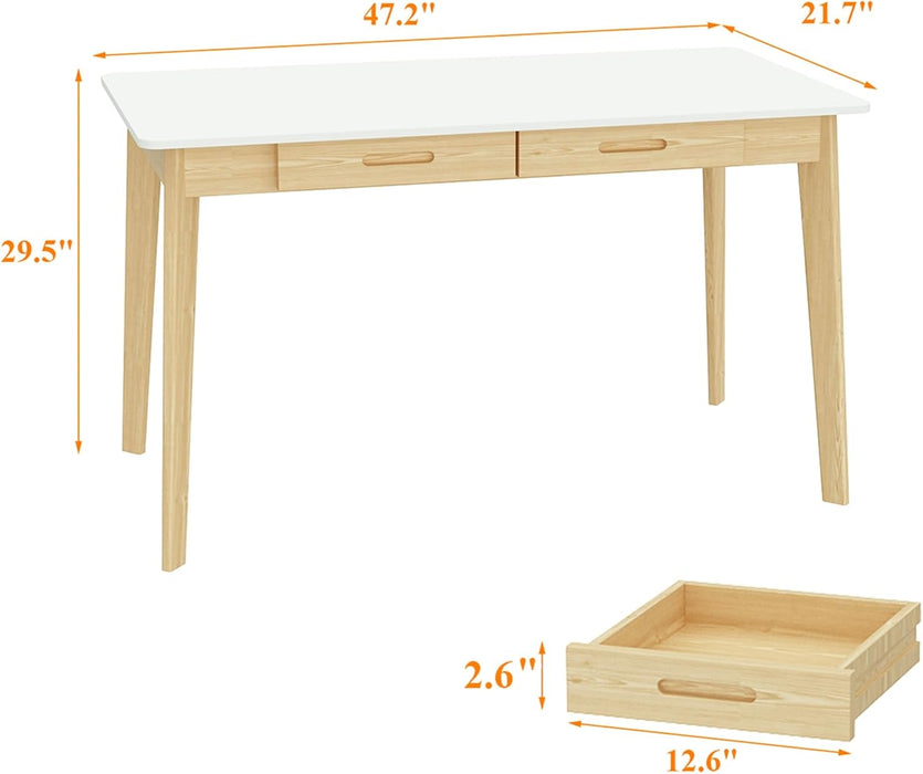 47 Inch Compact Computer Gaming Desk, White Study Work Office Desk with 2 Storage Drawers, Rectangular Study Reading Table, Simple Computer Writing Table for Home Office, Living Room