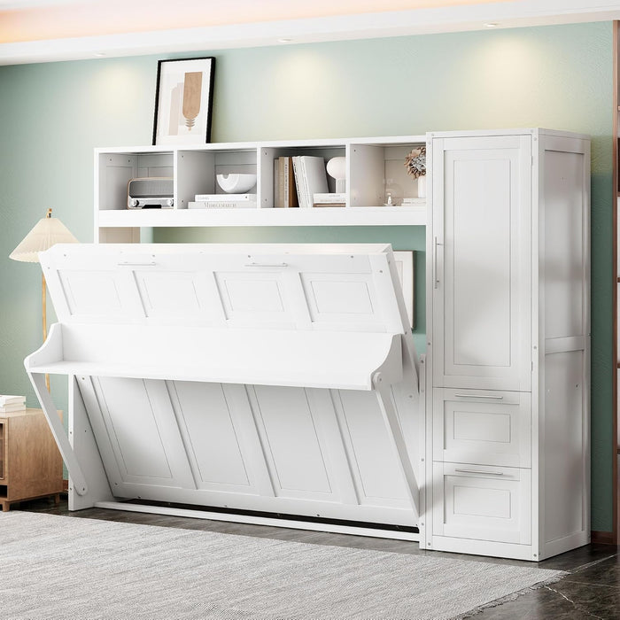 Queen Size Murphy Bed Wall Chest with Closet and Storage Drawers,Wood Hideaway Platform Bedframe Can Be Folded,Easy Assembly,For Kids Bedroom,Student Dorms,White