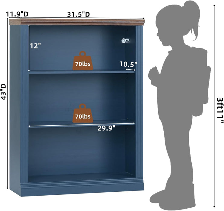 43" Blue Bookshelf, 3 Tier Farmhouse Small Wooden Book Shelf