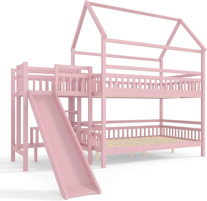 Pink FullOverFullBunkBed PlayhouseWithStairs Storage