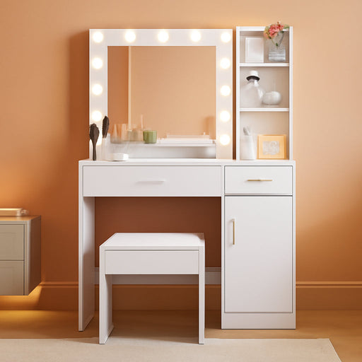Vanity Desk with Mirror and LED Lights,Vanity Desk with 3 Drawers & 3 Storage Shelves,Vanity Table with Chair,Three Adjustable Lighting Modes,Bedroom Vanity,White