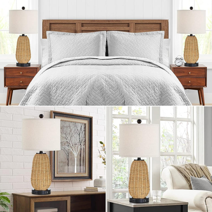Touch Control Rattan Table Lamps, 3 Way Dimmable Bedside Lamps for Bedroom Set of 2 with 2 USB Ports and AC Outlet, Nightstand Lamps for Living Room (LED Bulbs Included), Grass