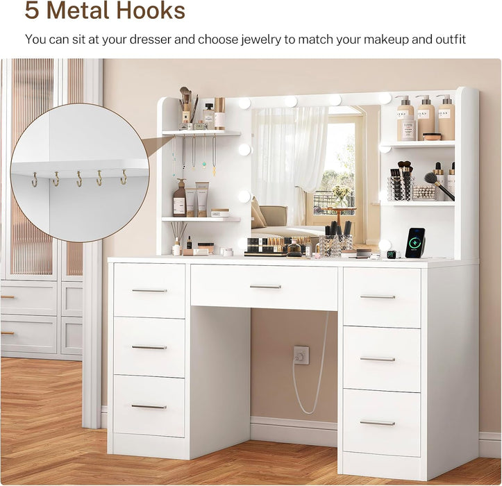 Vanity Desk with LED Light Mirror & Power Outlet, 3 Adjustable Light Color, Makeup Vanity with 7 Drawers, 4 Shelves, 5 Jewel Hooks, White Vanity for Bedroom, Girls Vanity