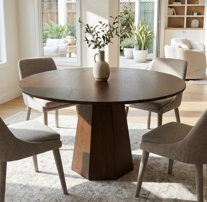 39” round Solid Wood Dining Table for 4-5 People, Modern Pedestal Small Kitchen Table Circle Tabletop with Walnut Wood Grain Finish, Saving Space, Walnut