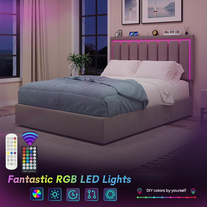 Queen Size Upholstered Platform Bed Frame, Wooden Slats Support with 4 Storage Drawers, Built in Charging Station & LED, Noise-Free, No Box Spring Needed, Grey