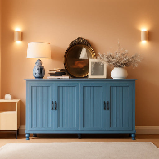 Sideboard Buffet Cabinet with 4 Doors, Vintage Coffee Bar Station, Blue | Farmhouse Storage Cabinet for Dining Room and Kitchen, 62'' Large TV Stand with Adjustable Shelf, Heavy Duty, Painted Finish