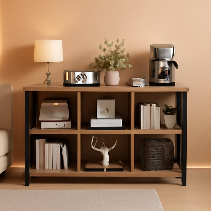 6 Cube Storage Organizer with Shelf, Long Wood and Metal Cubby Bookcase, Industrial Horizontal Bookshelf (Rustic Oak, 47 Inch)