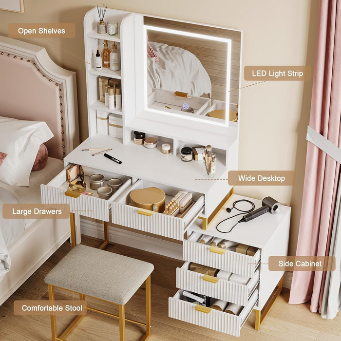 Makeup Vanity Desk with Mirror and Lights, Vanity Table with 5 Drawers, Vanity Set with Stool and Removable Side Storage Cabinet for Bedroom, White & Gold