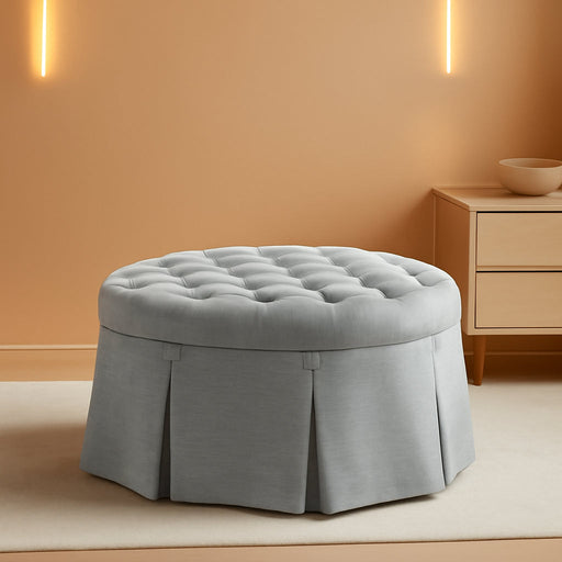 Cocktail Ottoman for Living Room Fully Upholstered, Button Tufted round Ottoman Footrest, Pleated Skirt, Extra Seating Bedroom Ottoman Furniture Decor, Terry, 32" W, Light Blue