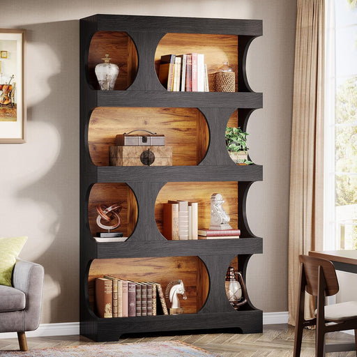 71" Tall Black Bookcase, Modern Asymmetrical Bookshelf, 4-Tier Freestanding Display Shelf with Classic Shape, Large Library Book Shelf for Living Room, Home Office