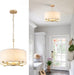 Modern Drum Chandelier 18” White and Gold Pendant Light Fixture round Fabric Shade 4 Lights Semi Flush Mount Hanging Ceiling Chandelier for Dining Room Bedroom