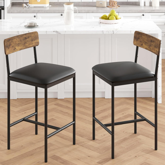 Bar Stools Set of 2, Upholstered Bar Chairs with Back, 25.5 Inches Kitchen Bar Stools with Footrest, Thick Cushion, Counter Height Barstools for Island, Counter Bar, Easy Assembly, Rustic Brown