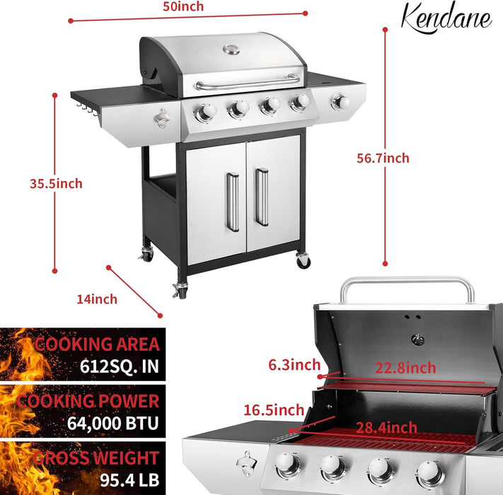 4-Burner Propane Gas BBQ Grill with Side Burner, Barbecue Gas Grill with Enameled Cast Iron Grates for Outdoor Patio Garden Barbecue, 53,000 BTU, Stainless Steel Grill Cover Included