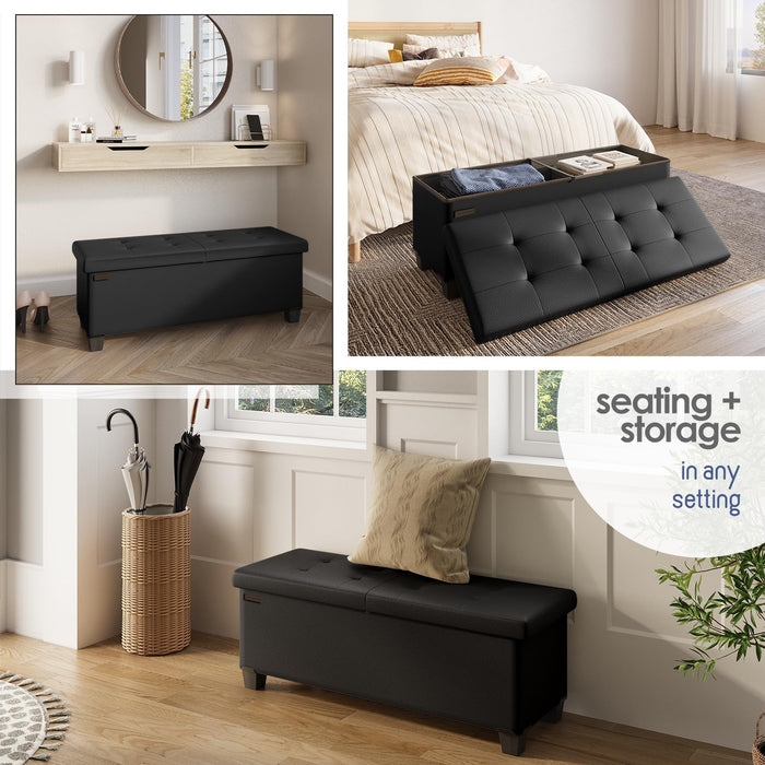 Storage Ottoman Bench with Bins, 43-In Storage Bench for Bedroom End of Bed, Folding Foot Rest Ottoman for Living Room Max 660Lbs, Faux Leather Ottomans, Black