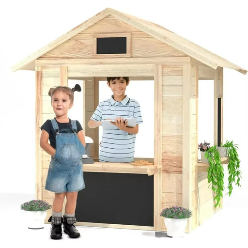 Wooden Outdoor Playhouse, Indoor/Outdoor Playhouse Working Doors with Wooden Floor, Easy Assembly Playhouses