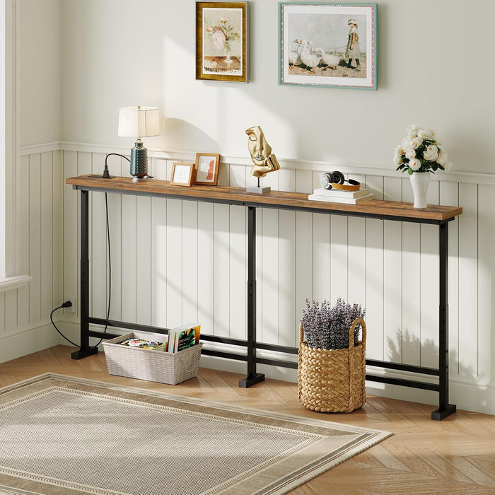 78.7" Console Table with Adjustable Height (27.6"-35.4") and Power Outlet, Skinny behind Couch Table, Narrow Long Sofa Table for Living Room, Hallway, Entryway, Rustic Brown and Black CT09UBR