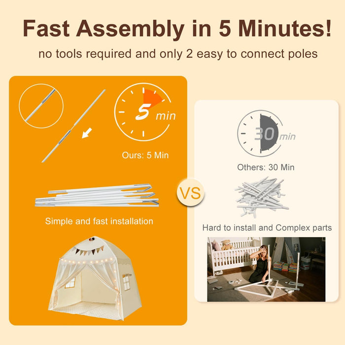 Large Kids Play Tent Indoor with Padded Mat Lights - 59X39X59In Teepee Playhouse with Flags Storage Bag - Cozy Reading Nook Nap Bed Tent - Birthday Gift for Toddlers Boys Girls