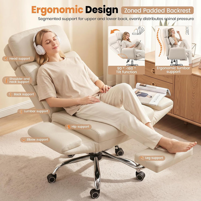 Big and Tall Leather Office Chair, Cross Legged Flip Arms, Beige