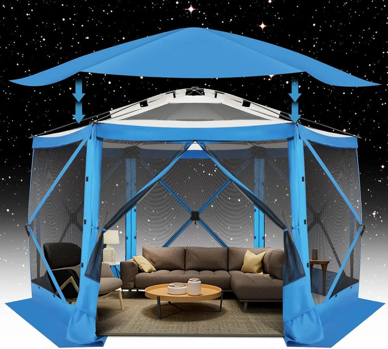 12X12 Pop-Up Gazebo Starry Sky Screen Canopy Tent Screen House for Camping, Screen Room with Mosquito Netting, Hub Tent Instant Screened Canopy with Carrying Bag and Ground Stakes, Blue