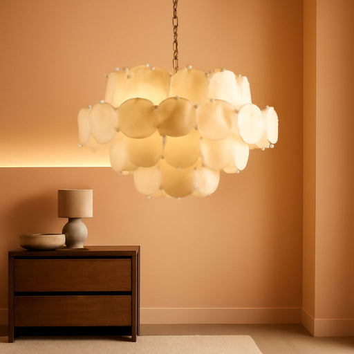 Natural Alabaster round Chandelier, 31.5" Modern Marble Chandelier with 50 Stone Texture Panels, 12-Light Dimmable Spanish Alabaster Chandeliers for Living Room, Dining Room, Hallway