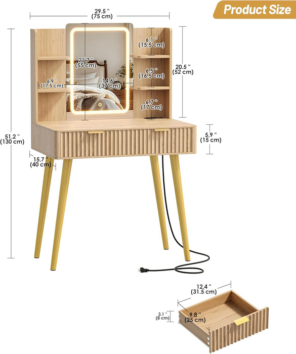 29.5" Small Makeup Vanity with Adjustable Light Mirror, Fluted Vanity Table with 2 Drawer & 4 Open Storage Shelf, 3 Light Modes and Brightness, for Woman and Girls, Bedroom,Natural Oak