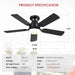 Ceiling Fans with Lights- 46" RGB Low Profile Indoor Ceiling Fan with Light and Remote/App Control, Flush Mount, LED Dimmable DC Reversible Modern Ceiling Fan for Bedroom（Black