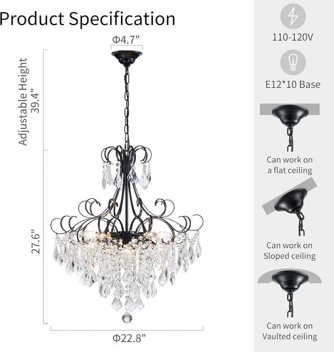 Crystal Chandelier 10-Light Pendant Ceiling Light Modern Lighting Fixture for Dining Room Hallway Bedroom Kitchen Bathroom, H 27.6" X W 22.8", E12 Base, Black