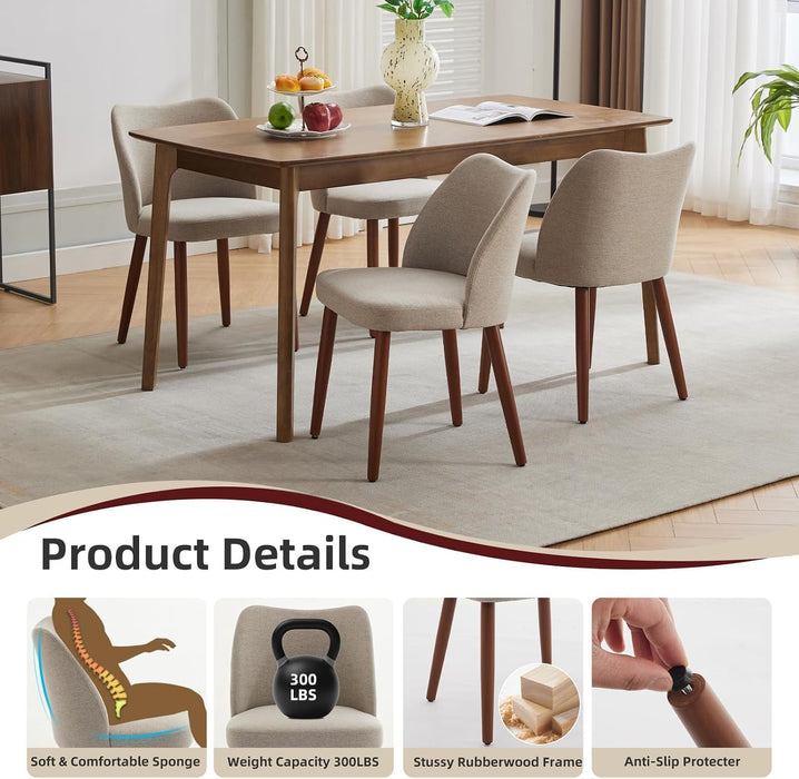 Wooden Dining Chairs Set of 4, Upholstered Mid Century Dining Chairs with Thick Seat Cushion and Curved Back for Dining/Kitchen/Living Room, Camel