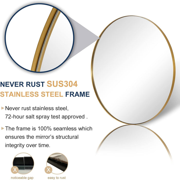 Gold round Mirror, 36’’ Brushed Gold Circle Bathroom Mirrors in Stainless Steel Metal Frame 1" Deep Set Design