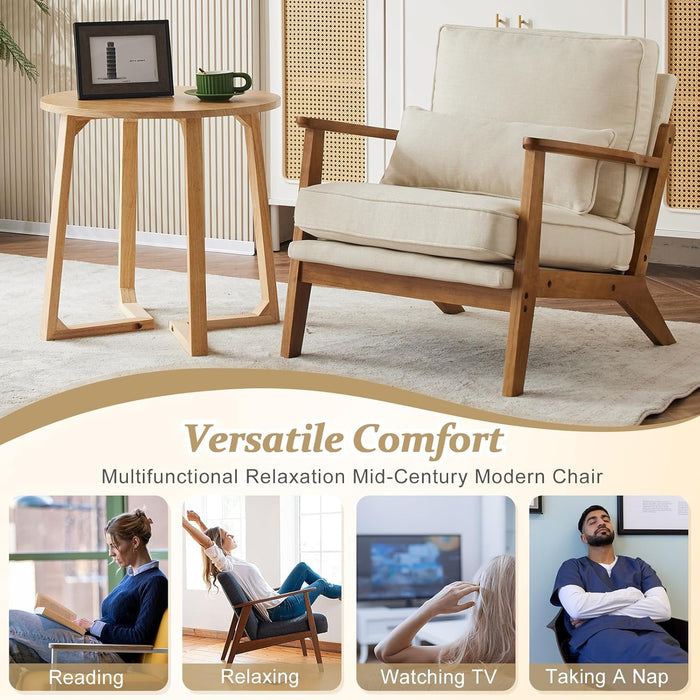 Solid Wood Wide Armrests Accent Chair,Upholstered Mid Century Modern Chair with Pillow,Comfy Reading Chair Farmhouse Arm Chair,Chairs Living Room,Bedroom,Guest Room,Linen Fabric,Beige