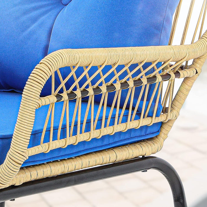 3-Piece Outdoor Patio Furniture Wicker Bistro Set, All-Weather Rattan Conversation Chairs for Backyard, Balcony and Deck with Soft Cushions, Glass Side Table (Light Brown+Navy Blue)