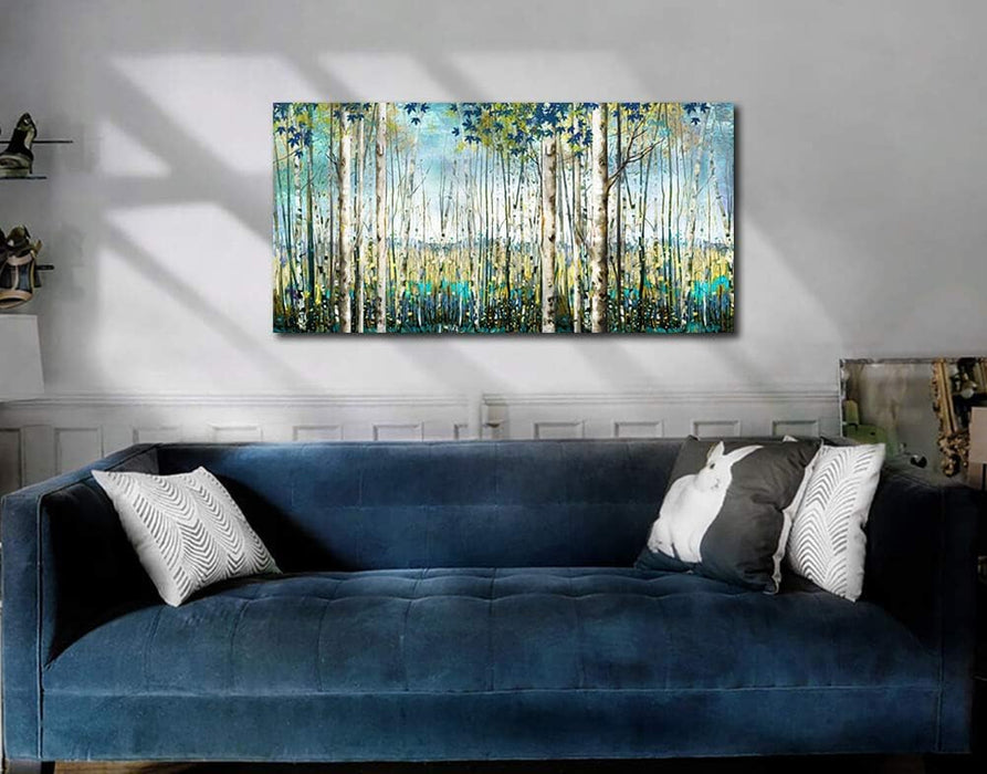 Large Framed Birch Tree Canvas Wall Art Nature Painting for Home Decor | Teal Artwork for Living Room, Bedroom, and Office Pictures for Living Room 24×48IN