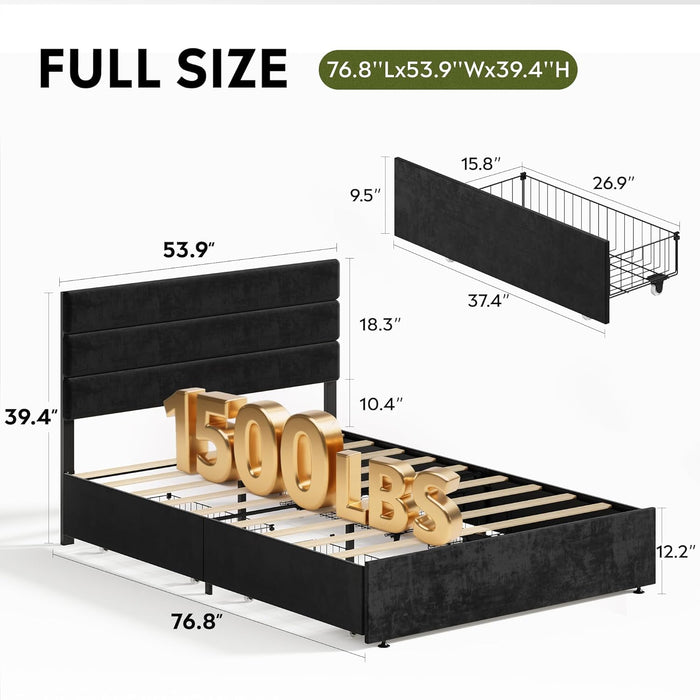 Full Size Upholstered Bed Frame with 4 Storage Drawers and Headboard, Velvet Platform Bedframe, Sturdy Metal & Wooden Slats Support, No Box Spring Needed, Easy Assembly, Black