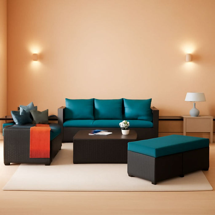 Patio Furniture Set 7 Pieces Couch Outdoor Chairs Coffee Table Peacock Blue Anti-Slip Cushions and Waterproof Covers