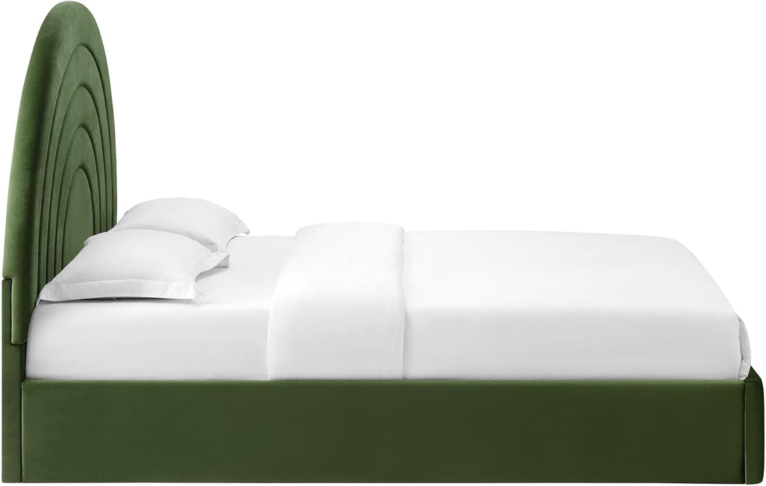 Solana Full Size Performance Velvet Platform Bed in Moss Green – Upholstered Double Bed Frame with Soft Arch Shaped Padded Headboard – Plinth Base Platform Bed Frame