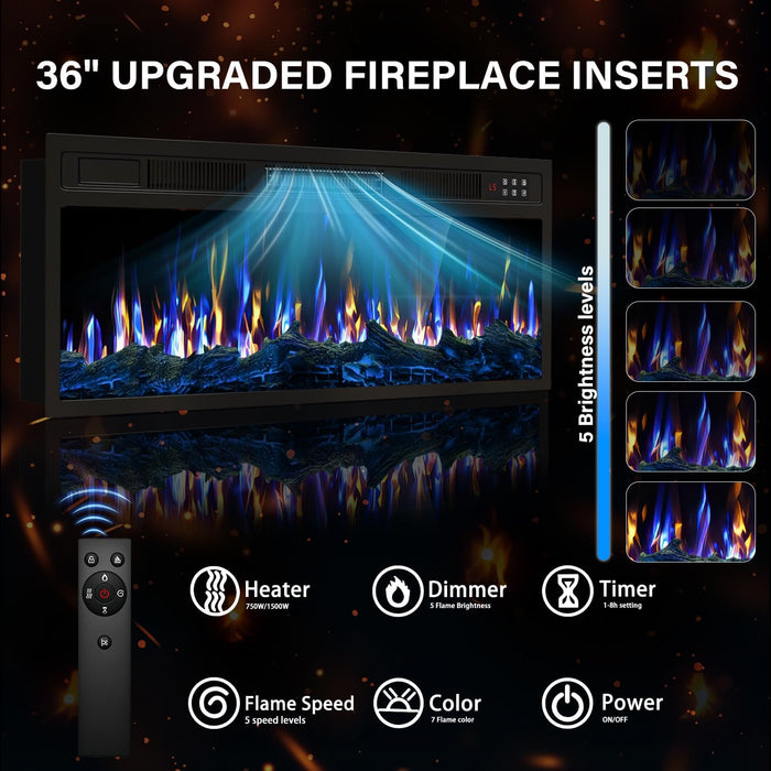 Fireplace with TV Stand 36" Inch Electric Fireplace up to 80" Tvs, LED Light Entertainment Center, 70" Modern Wood High Gloss with Highlight Storage Cabinet for Living Room (Black)