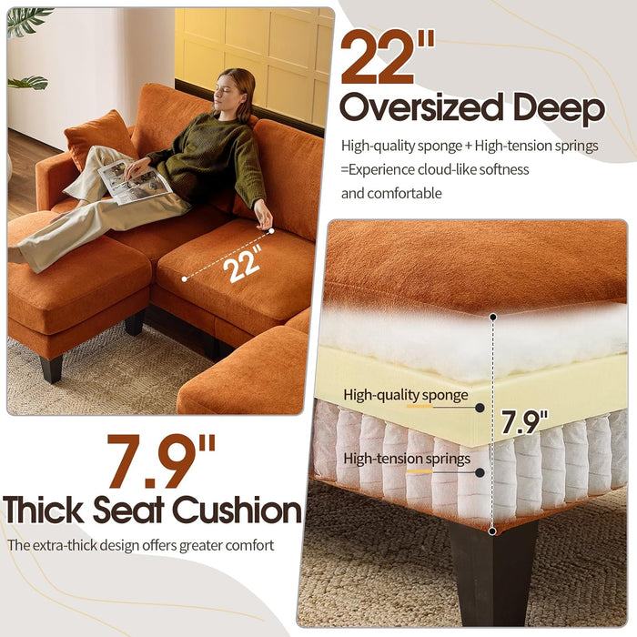 OneHundredInch UShaped Sofa Plush Chenille Ottoman Orange