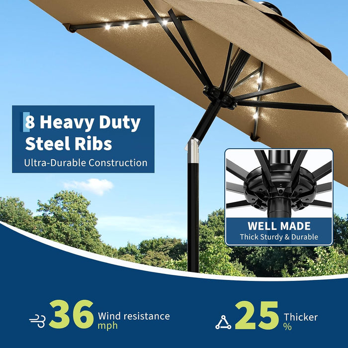 Patio Umbrella with Solar Lights, Outdoor Table Umbrella with 8 Durable Ribs, Tilt & Crank Mechanism, Waterproof & UV Protection for Garden, Backyard, Poolside,