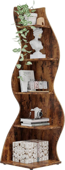 Corner Shelf, Rustic 5-Tier Wall Corner Bookshelf, Stylish Corner Small Bookcase Storage Rack Plant Stand with Unique Shape for Living Room, Home Office (1PC, Brown)