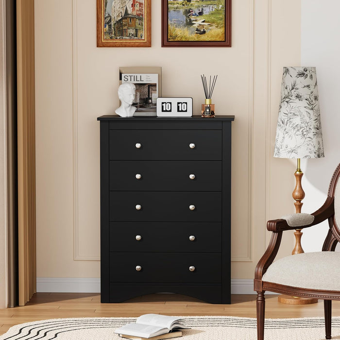 Tall Wooden Dresser Five Drawer Chest BlackFinishEdition