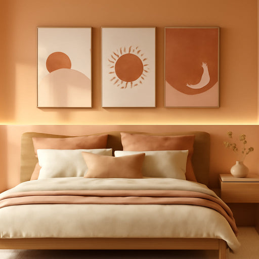Framed Sun and Moon Boho Wall Art Bedroom, 3 Piece Abstract Minimalist Terracotta Canvas Painings Prints Artwork for Walls, Mid Century Modern Bohemian Pictures for Living Room Office Wall Decor, 16X24 Inch