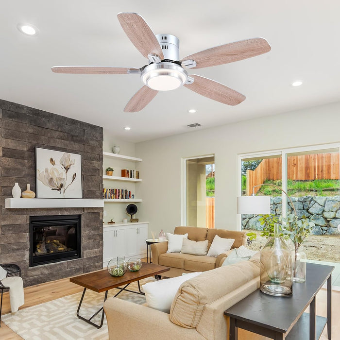 50 Inch Low Profile Ceiling Fans with Lights and Remote, Modern Brushed Nickel Flush Mount Ceiling Fan, 3CCT, Dimmable, Quiet DC Reversible Motor, for Bedroom Living Room Indoor/Outdoor Use