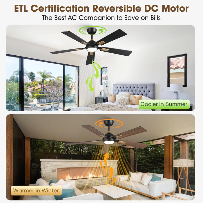 52 Inch Ceiling Fan with Lights and Remote, DC Motor Quiet 6-Speed Reversible Fan, Dimmable LED 3000K/4000K/6000K, Smart APP Control, Modern Black & Gold Ceiling Fan for Bedroom Living Room