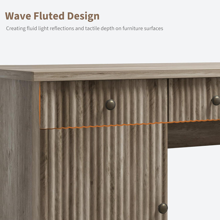 Fluted Home Office Desk Storage, 60" Modern Executive Desk with Charging Station, Wooden Computer Writing Desk with File Cabinet & Drawers for Study, Living Room, Bedroom