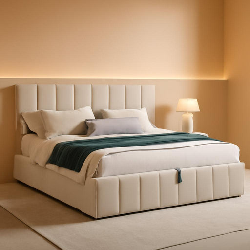 Gas Lift up Storage Platform Bed, Upholstered Bed Frame with Hydraulic Storage System and Wooden Slat Support, Queen Size, Beige