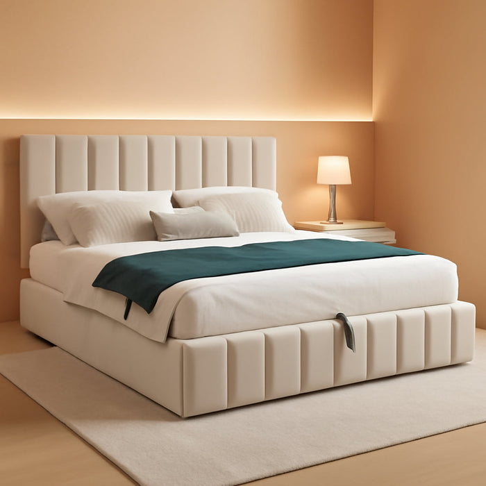 Gas Lift up Storage Platform Bed, Upholstered Bed Frame with Hydraulic Storage System and Wooden Slat Support, Queen Size, Beige