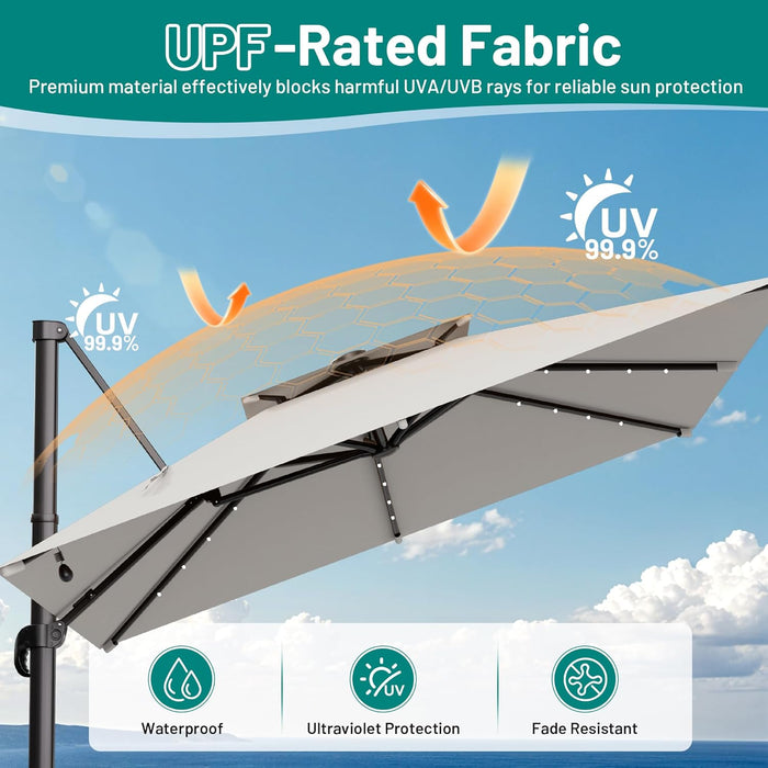 10×10FT Solar LED Cantilever Umbrella with Base Included, Double-Top Outdoor Patio Offset with 360 Degree Rotation, round Offset Hanging Umbrella for Garden Deck Pool, Light Grey