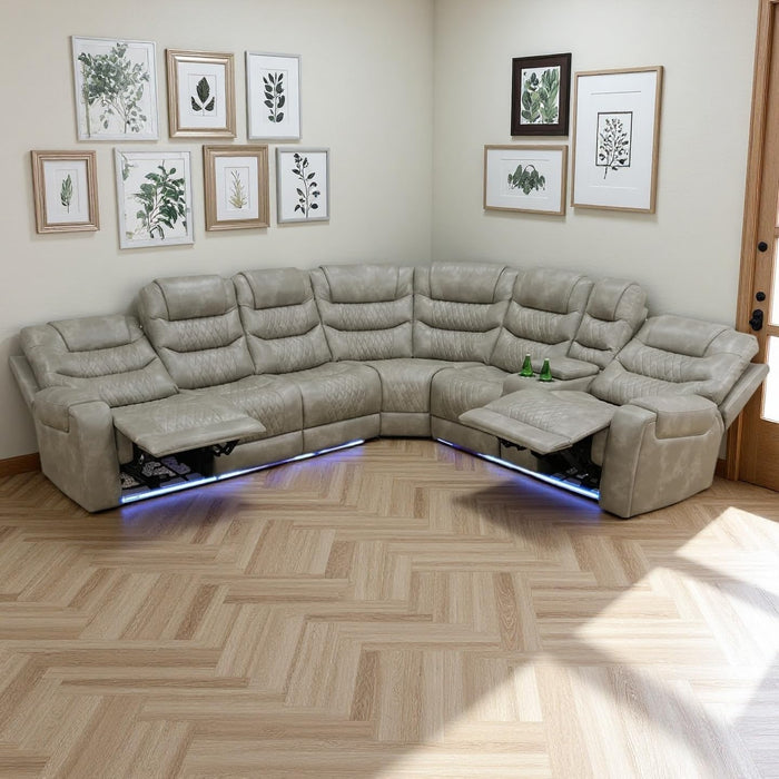 Living Room Furniture Set, Power Reclining Sofa Set, Air Leather Recliners with Built-In USB Ports and Storage Console, LED Reclining Couch Set for Living Room (Grey, Sectional)
