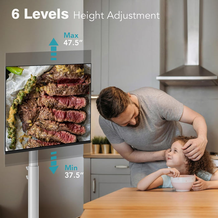 Floor Mobile TV Stand with Power Outlet, Rolling TV Cart for 27-65 Inch OLED LED Monitors, 6 Levels of Height Adjustment, Ambient Lighting on the Bottom Wheels Holds up to 88Lbs, 400X400Mm