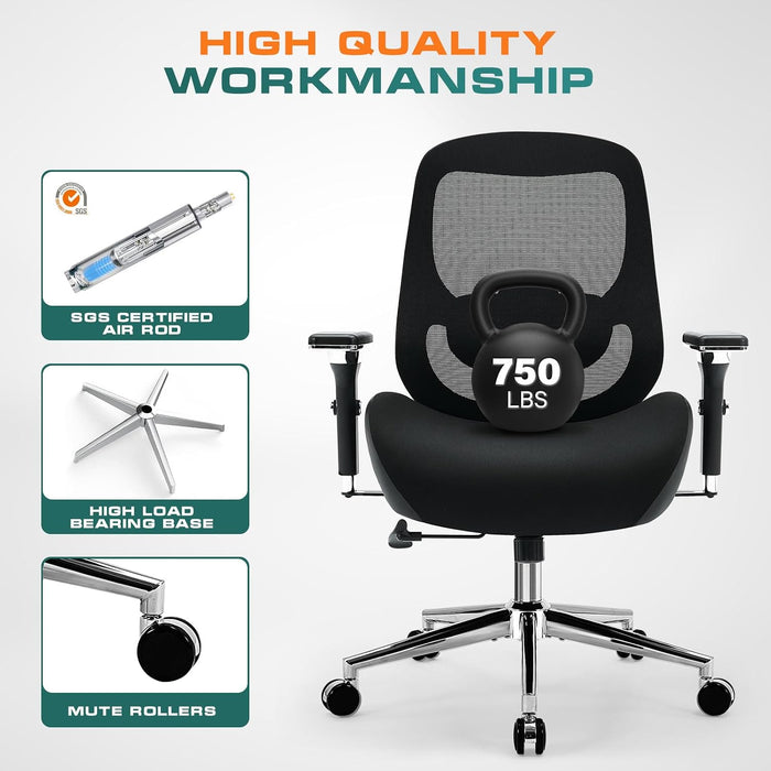 750Lbs Big and Tall Office Chair with Wide Thick Seat Cushion for Heavy People Ergonomic Computer Mesh Desk Chairs with 4D Armrests, Adjustable Lumbar Support for Adults 8 Hours Daliy Work
